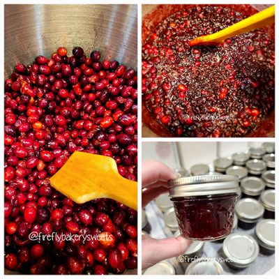 Cranberries cooking down into Firefly Bakery Sweets jam, and the finished jars